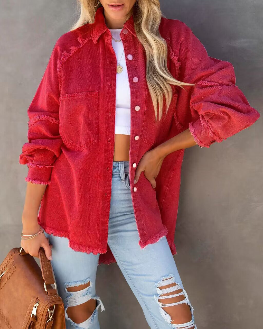 Oversized Denim Jacket with Fringe Detail Women