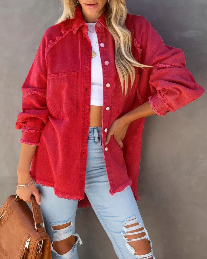 Oversized Denim Jacket with Fringe Detail Women