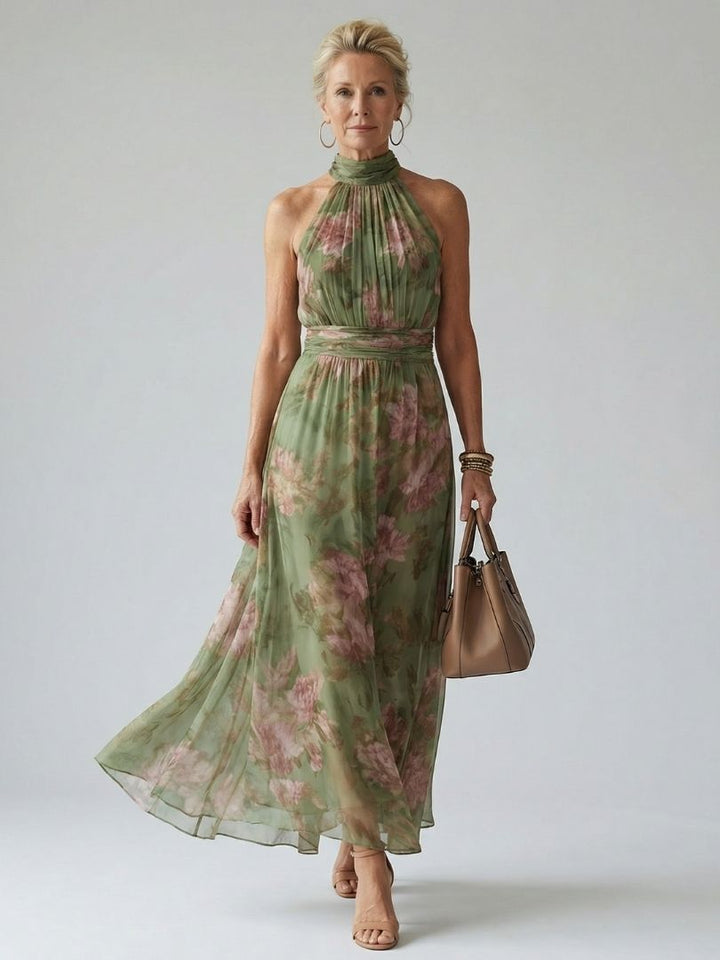 Floral Halter Midi Dress Gathered Bodice Women