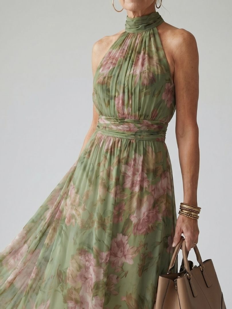 Floral Halter Midi Dress Gathered Bodice Women