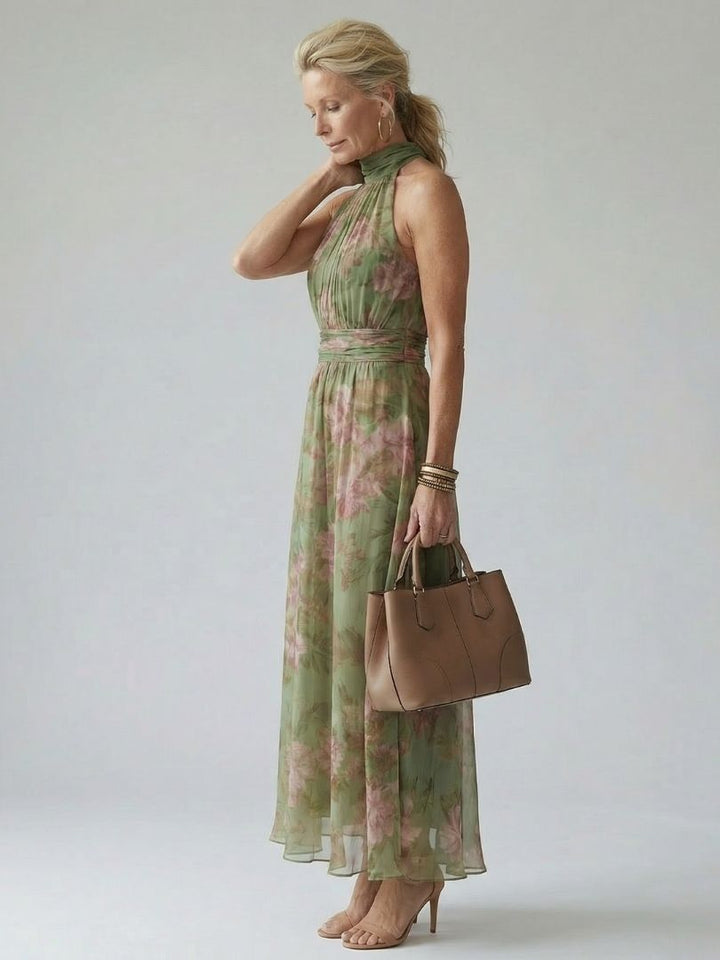 Floral Halter Midi Dress Gathered Bodice Women