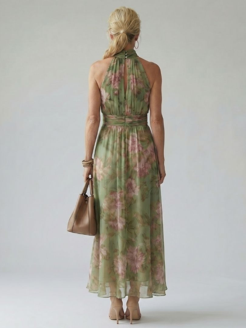 Floral Halter Midi Dress Gathered Bodice Women