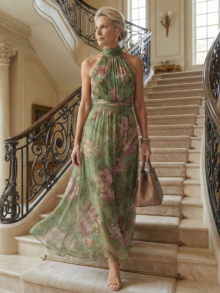 Floral Halter Midi Dress Gathered Bodice Women