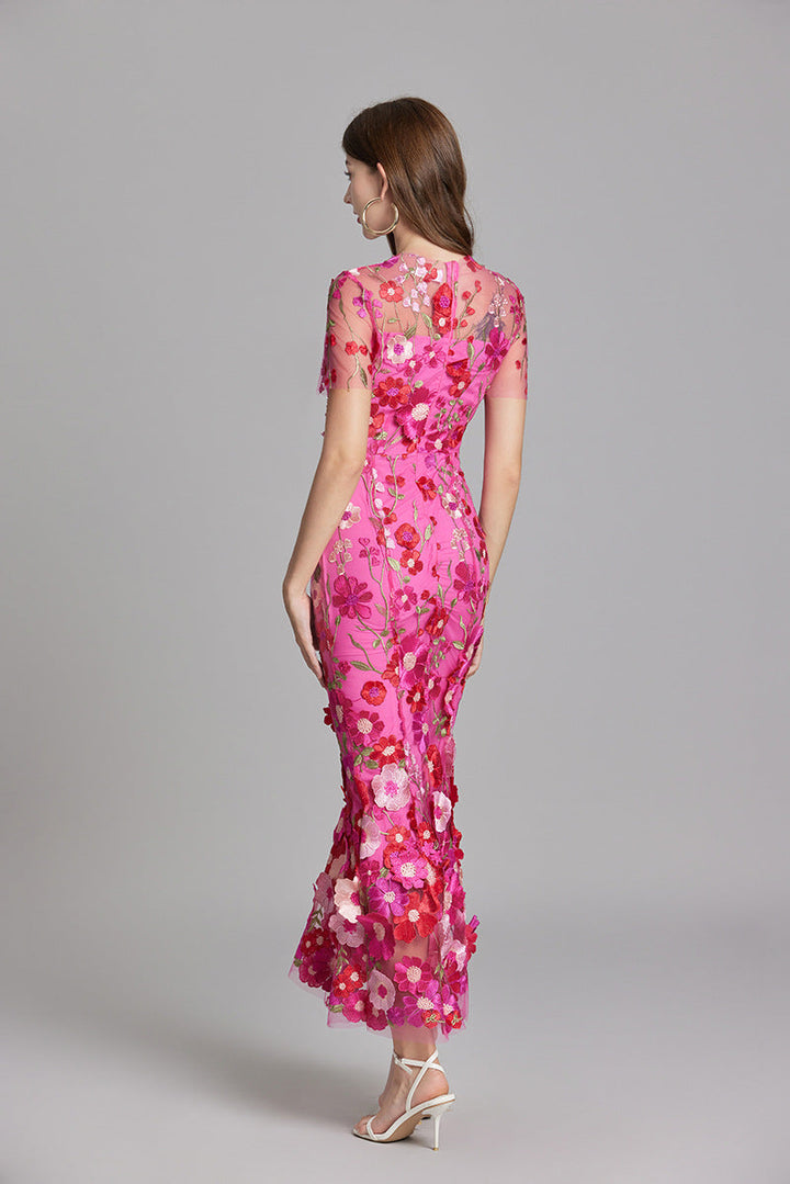 Floral Midi Dress 3D Appliqué Wedding Guest Women