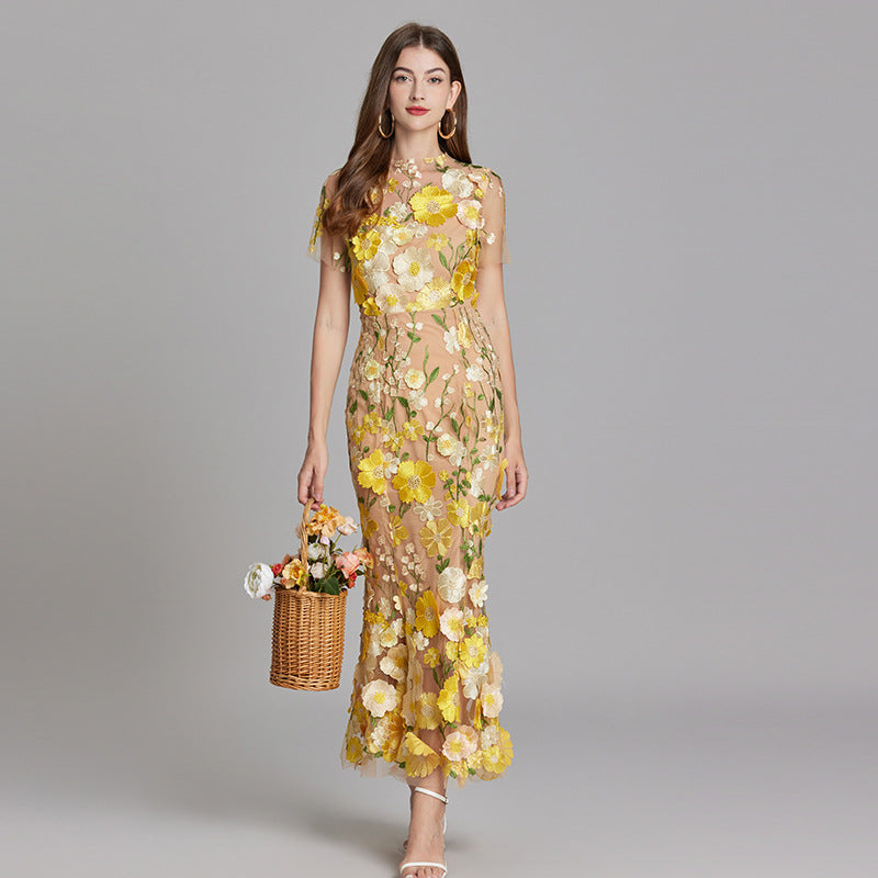 Floral Midi Dress 3D Appliqué Wedding Guest Women