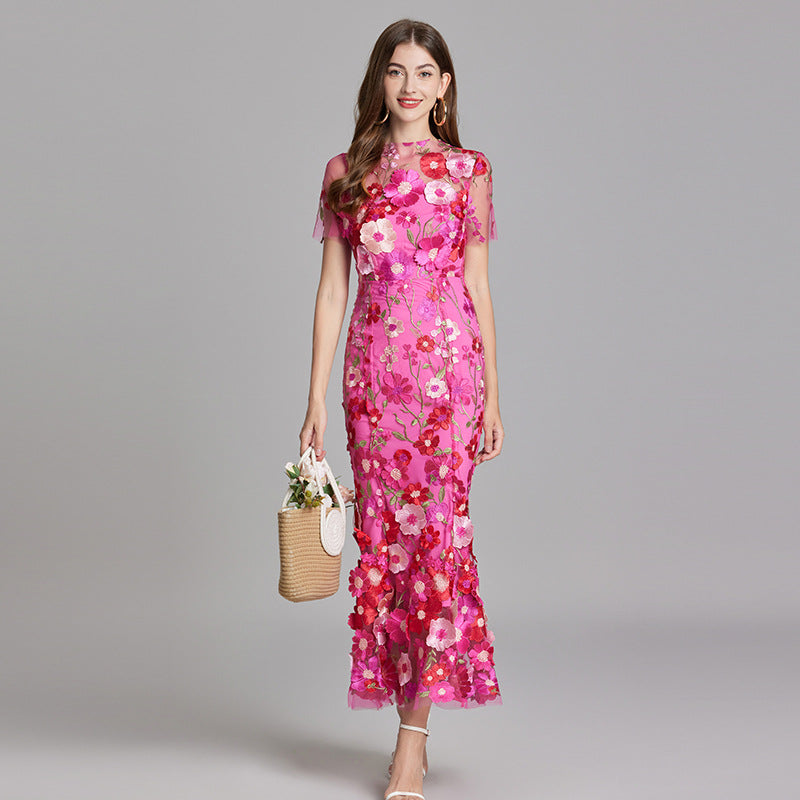 Floral Midi Dress 3D Appliqué Wedding Guest Women
