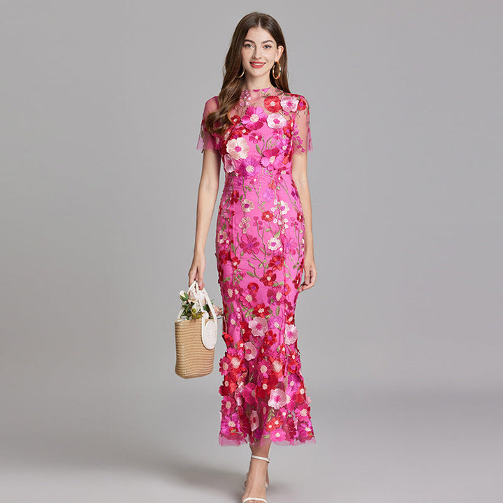 Floral Midi Dress 3D Appliqué Wedding Guest Women