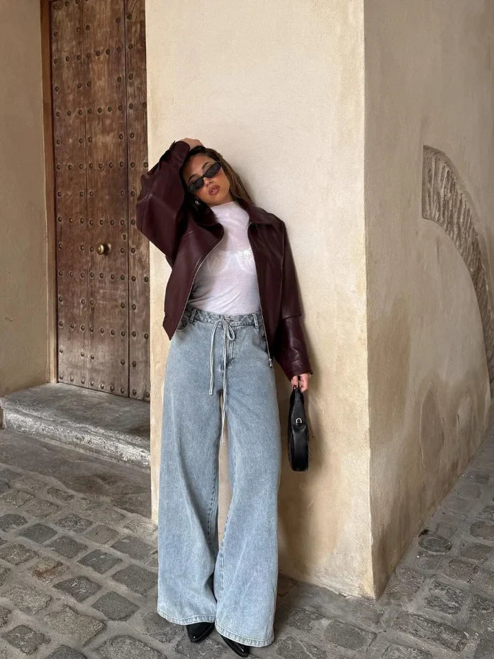 Womens Oversized Waist Length PU Leather Jacket