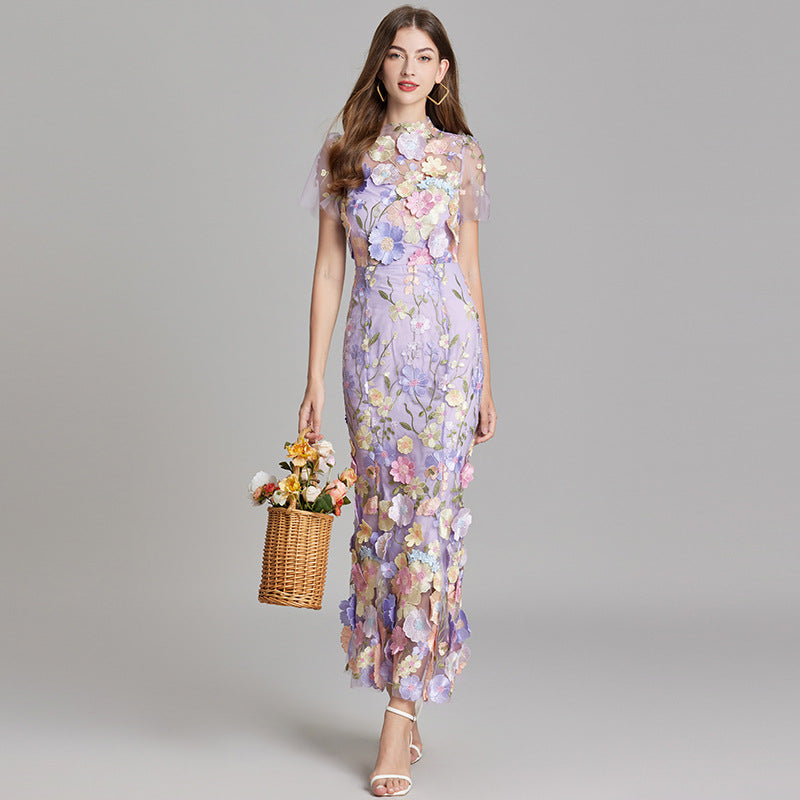 Floral Midi Dress 3D Appliqué Wedding Guest Women