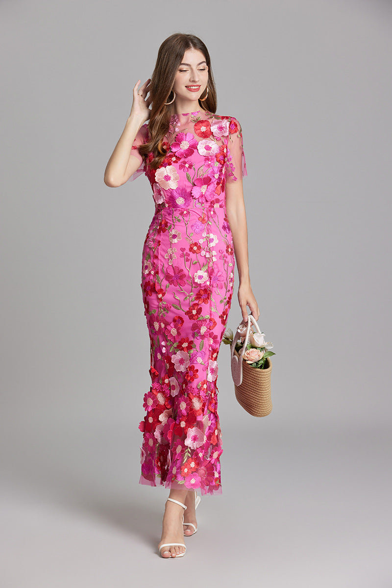 Floral Midi Dress 3D Appliqué Wedding Guest Women