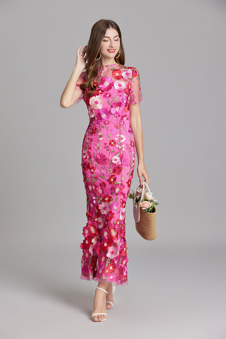 Floral Midi Dress 3D Appliqué Wedding Guest Women