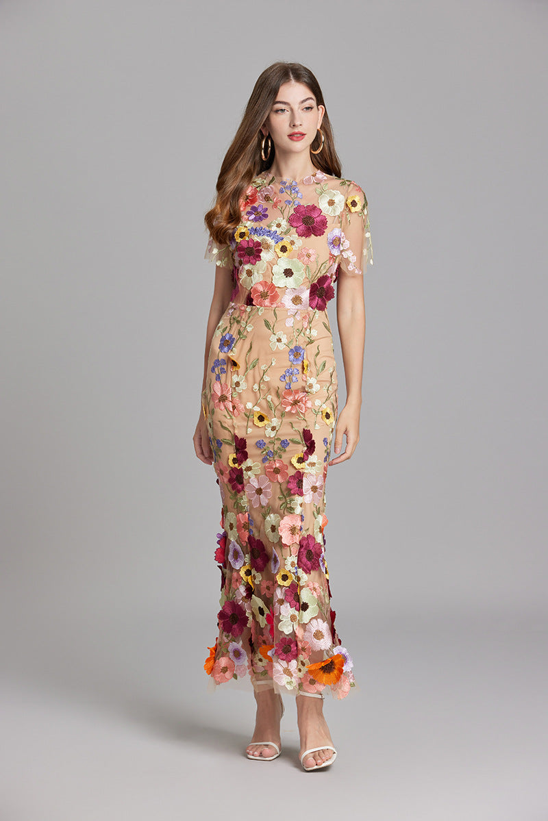 Floral Midi Dress 3D Appliqué Wedding Guest Women