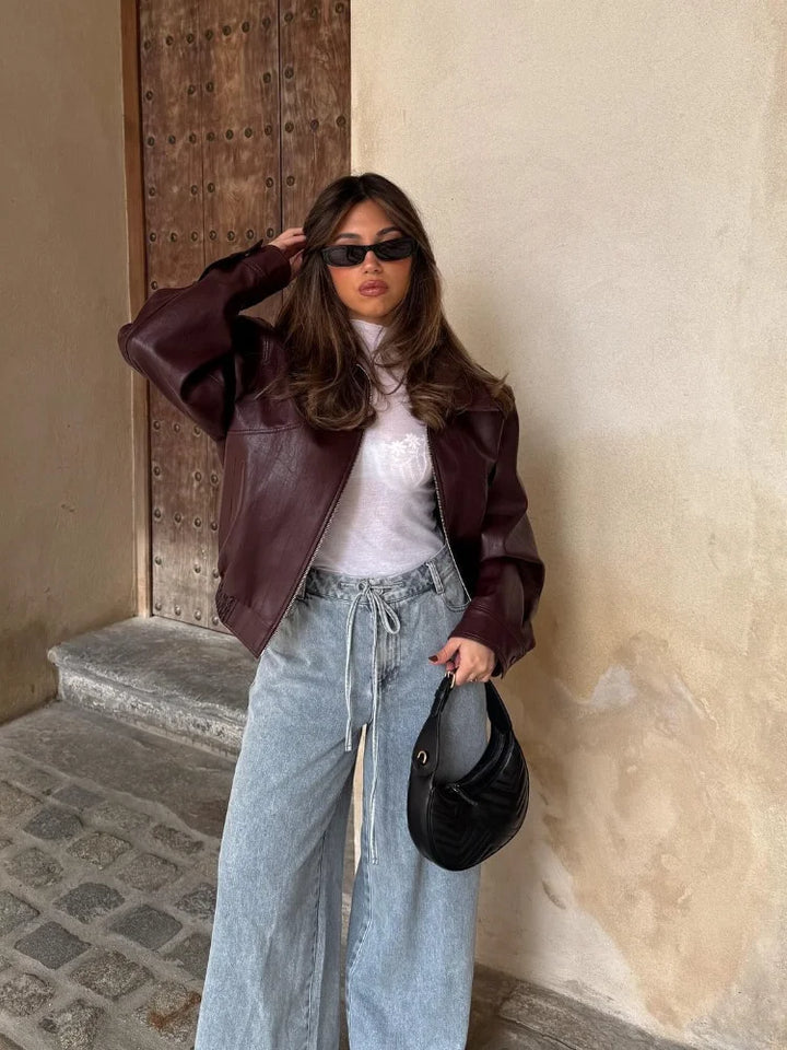 Womens Oversized Waist Length PU Leather Jacket