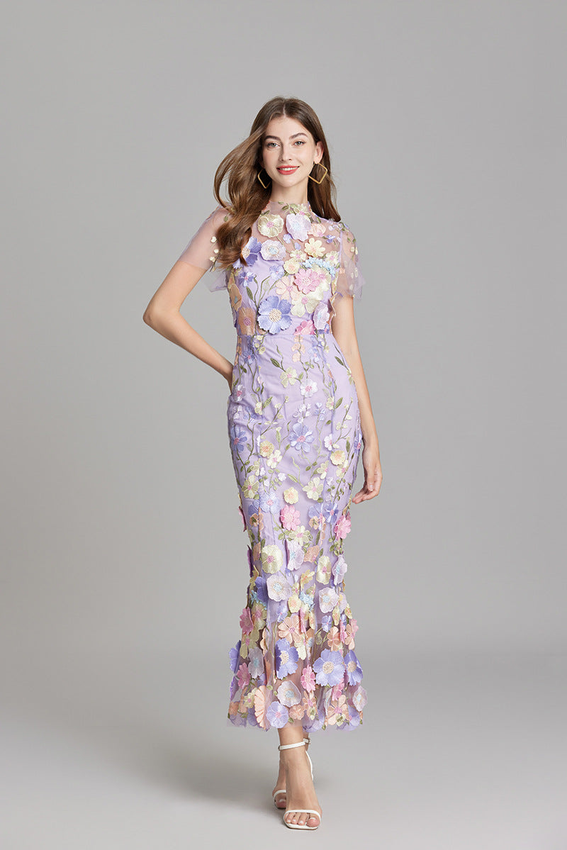 Floral Midi Dress 3D Appliqué Wedding Guest Women