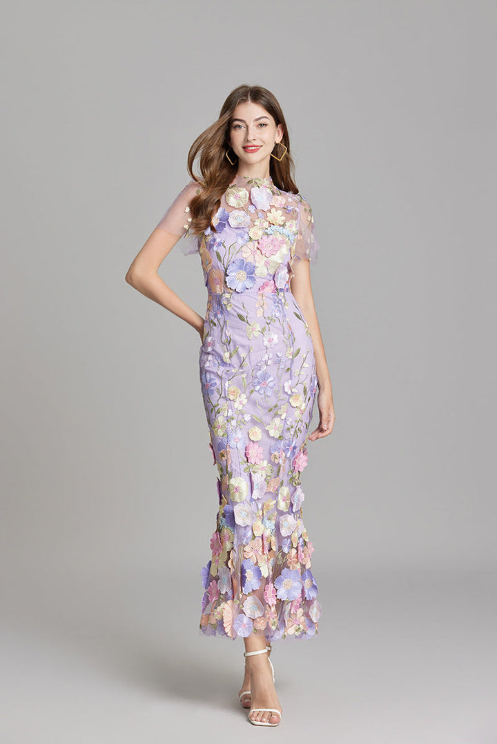 Floral Midi Dress 3D Appliqué Wedding Guest Women