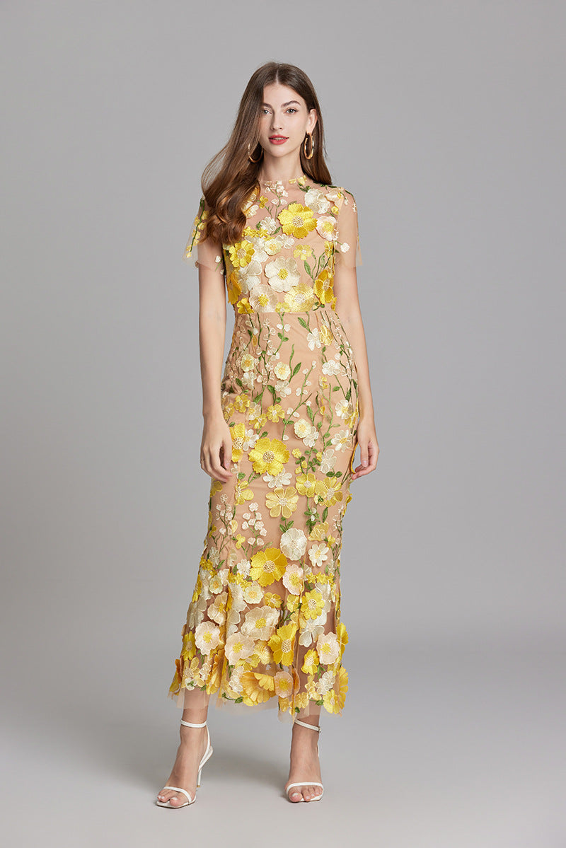Floral Midi Dress 3D Appliqué Wedding Guest Women