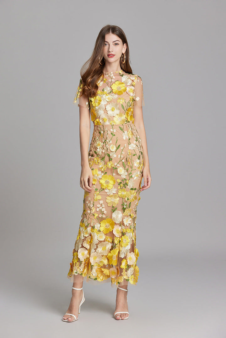 Floral Midi Dress 3D Appliqué Wedding Guest Women