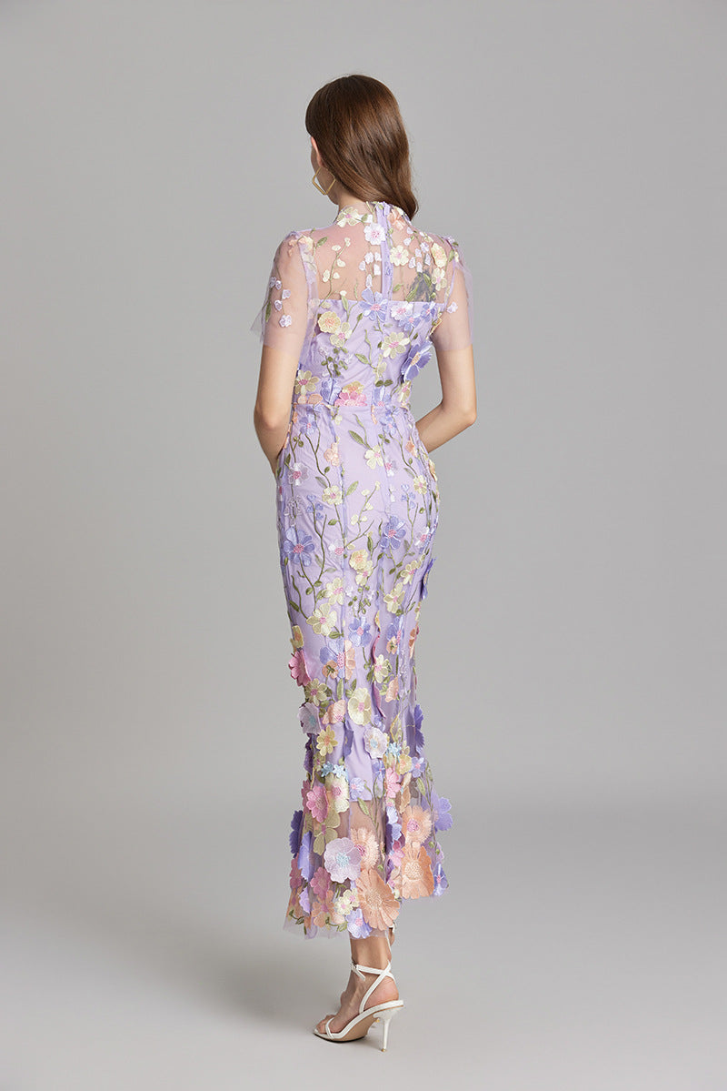 Floral Midi Dress 3D Appliqué Wedding Guest Women