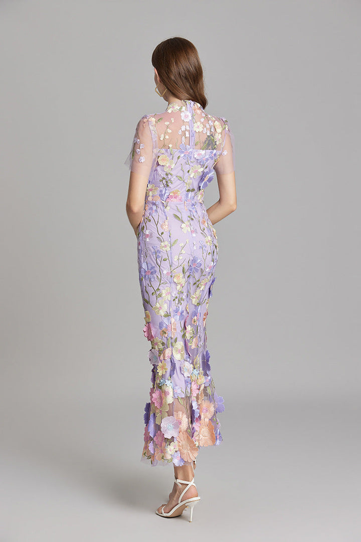 Floral Midi Dress 3D Appliqué Wedding Guest Women