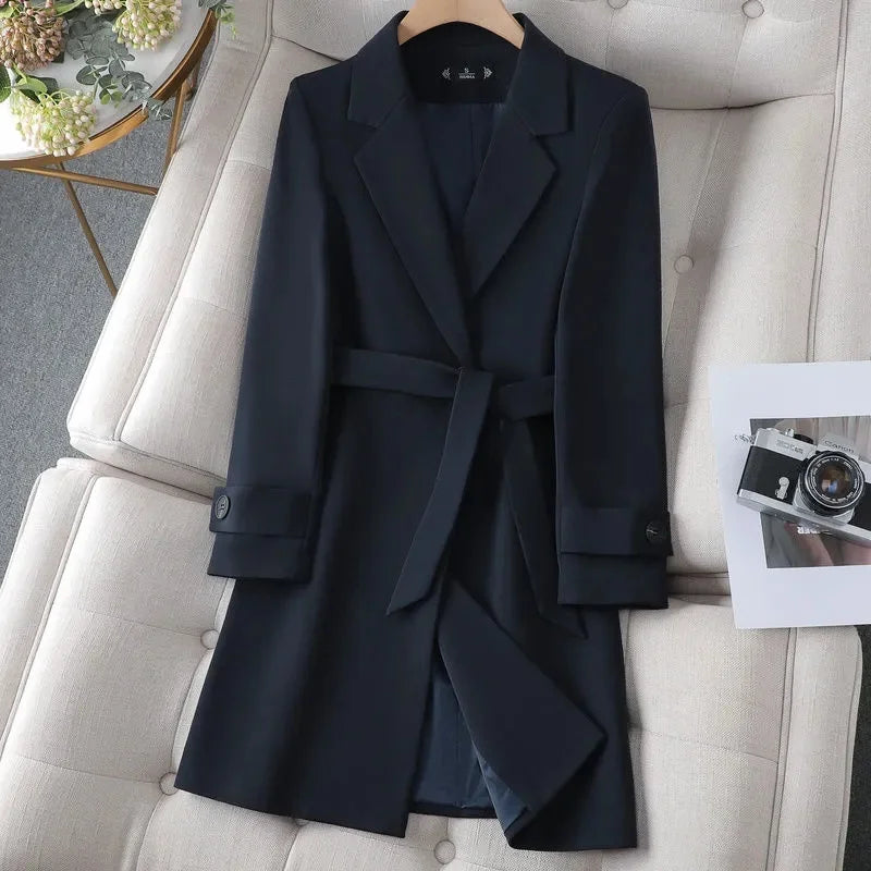 Women's Blazer Coat with Belt and Button Cuff Detail