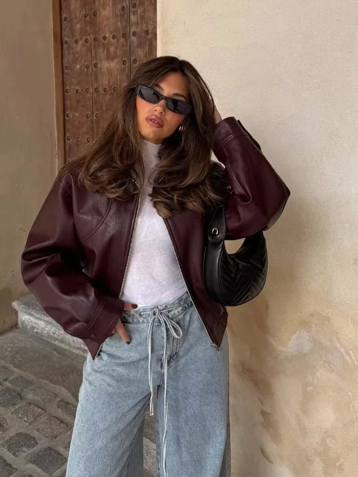 Womens Oversized Waist Length PU Leather Jacket