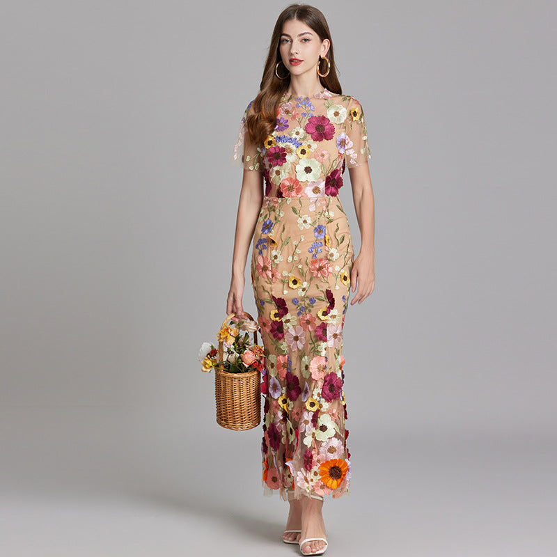 Floral Midi Dress 3D Appliqué Wedding Guest Women