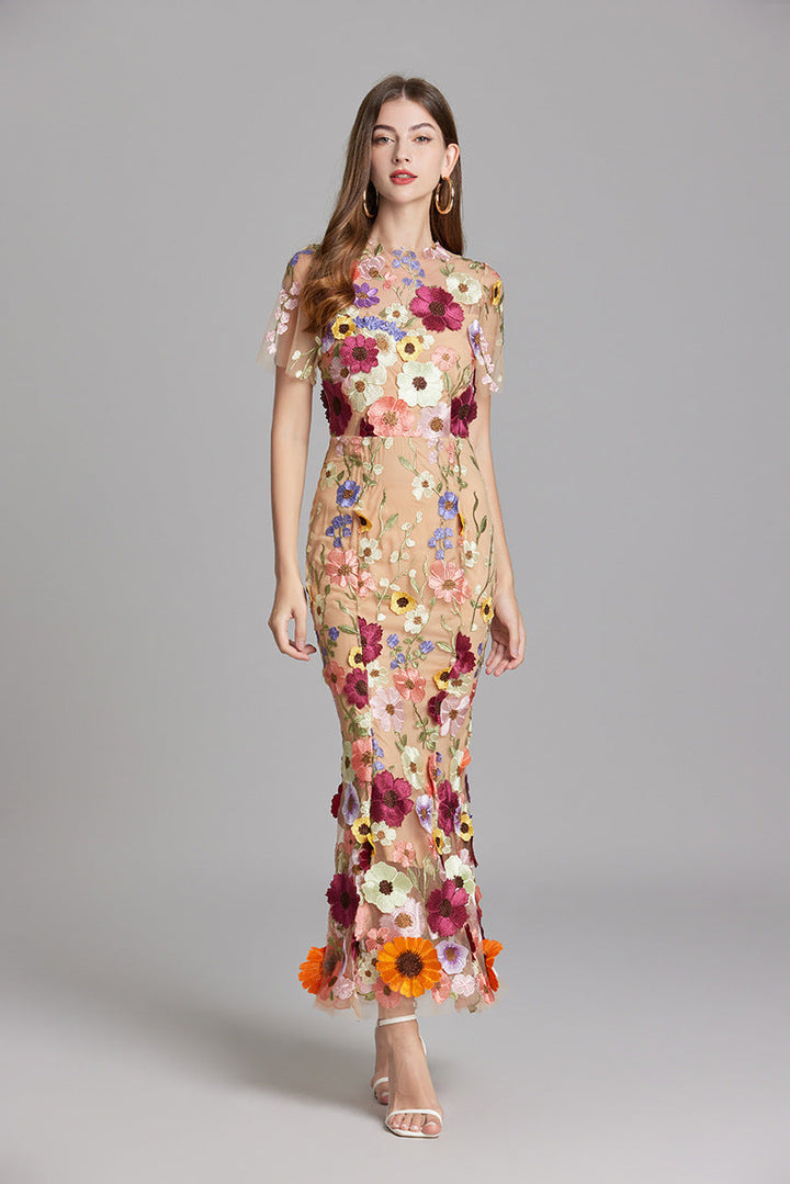 Floral Midi Dress 3D Appliqué Wedding Guest Women