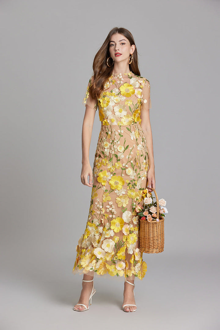 Floral Midi Dress 3D Appliqué Wedding Guest Women