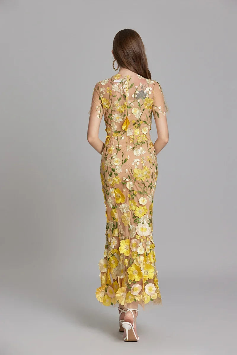 Floral Midi Dress 3D Appliqué Wedding Guest Women