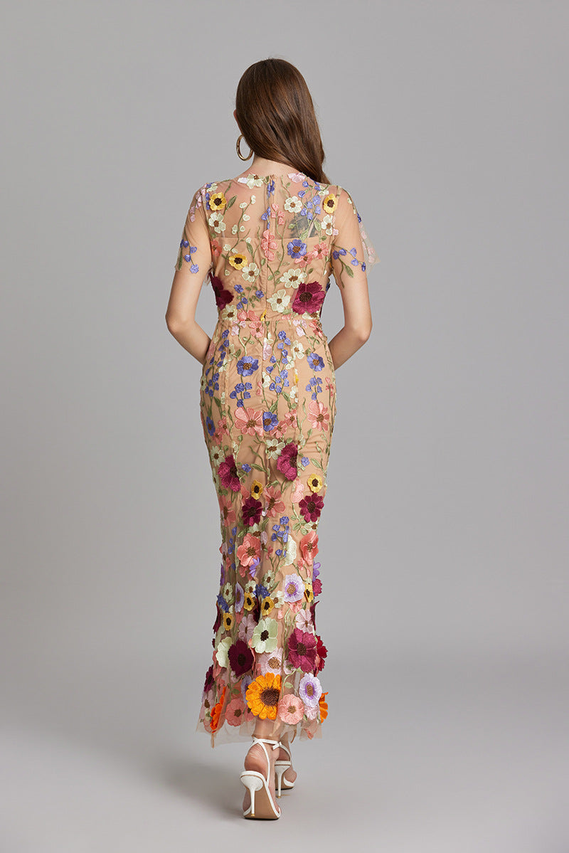 Floral Midi Dress 3D Appliqué Wedding Guest Women