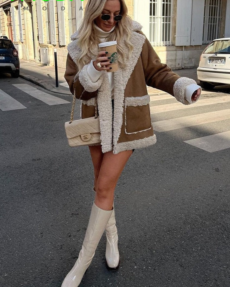 Women's Faux Shearling Jacket with Contrast Panels