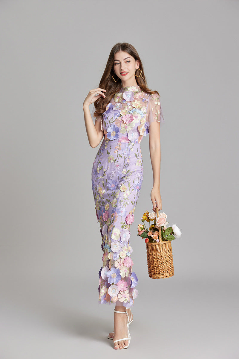 Floral Midi Dress 3D Appliqué Wedding Guest Women