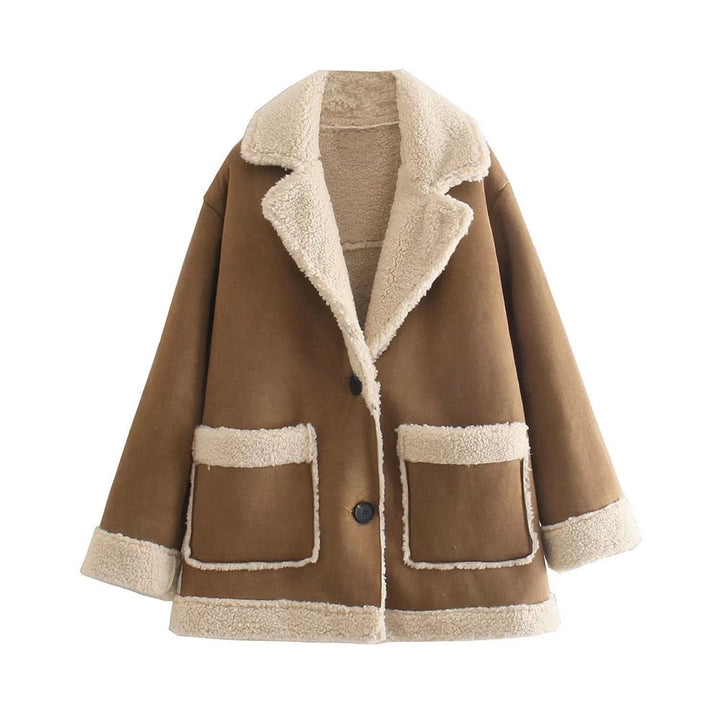Women's Faux Shearling Jacket with Contrast Panels