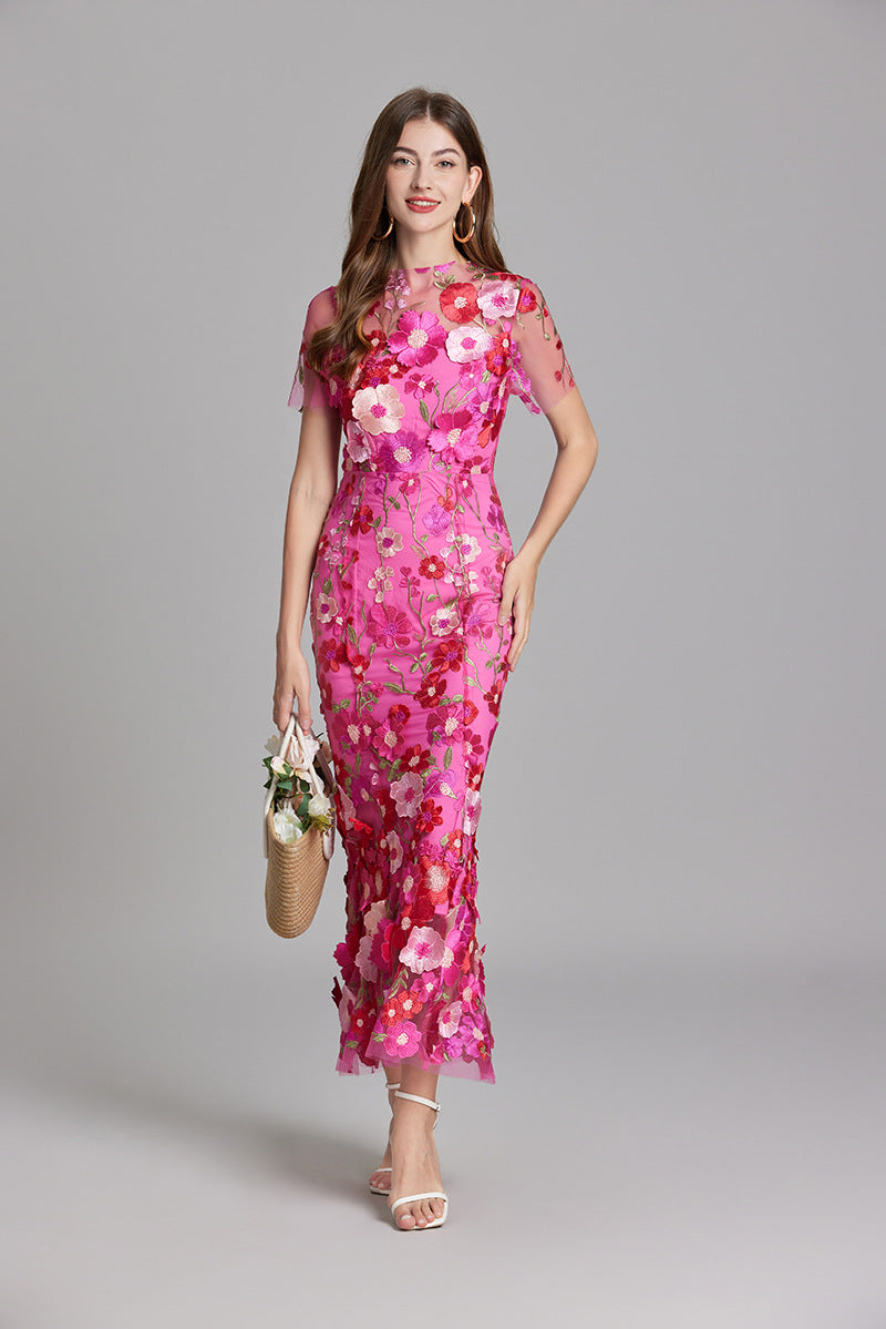 Floral Midi Dress 3D Appliqué Wedding Guest Women