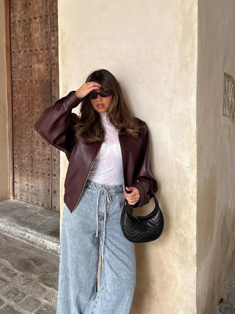Womens Oversized Waist Length PU Leather Jacket