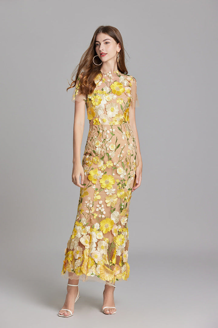 Floral Midi Dress 3D Appliqué Wedding Guest Women