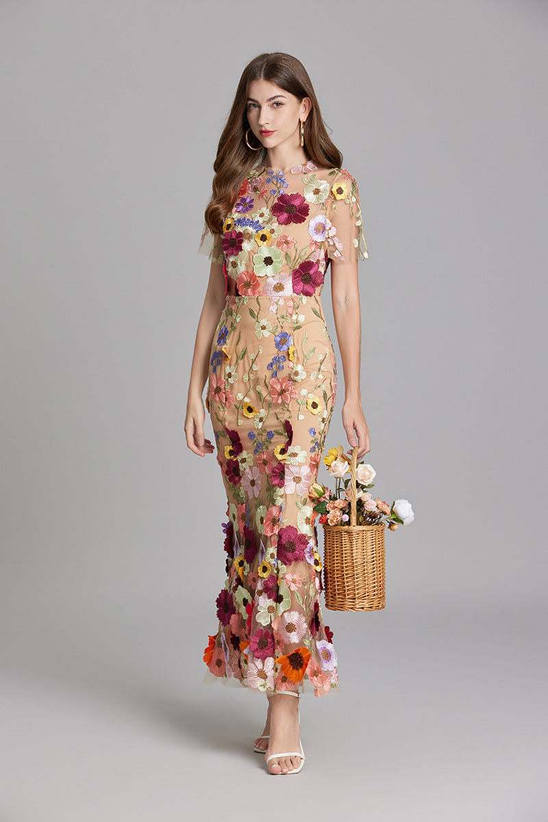 Floral Midi Dress 3D Appliqué Wedding Guest Women