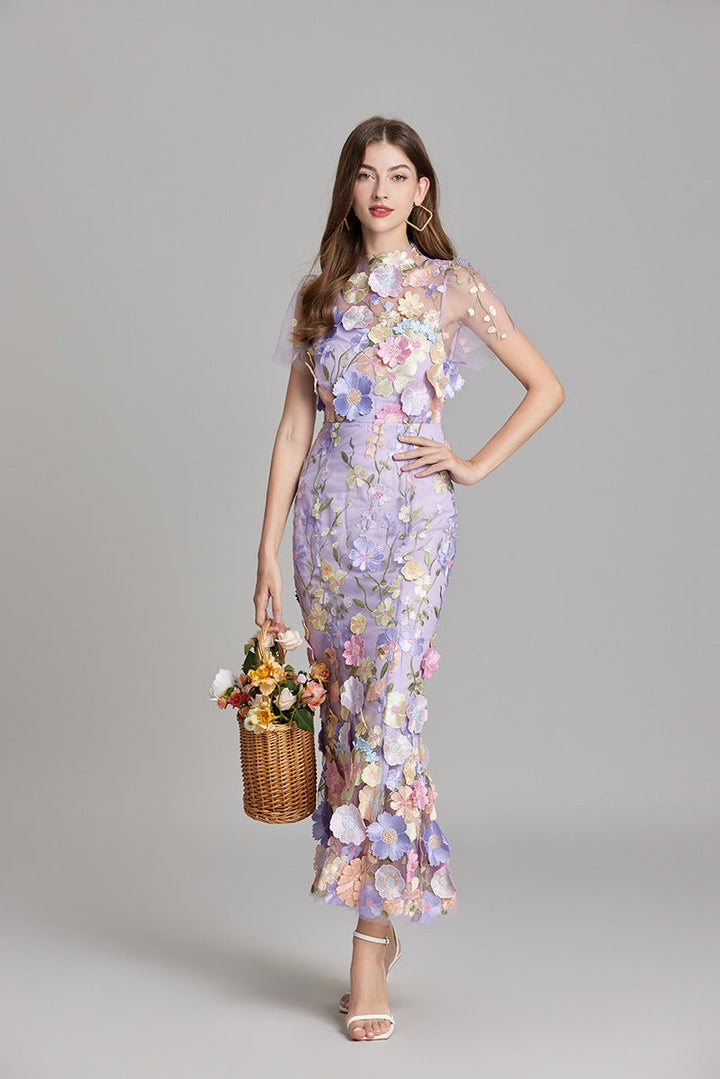 Floral Midi Dress 3D Appliqué Wedding Guest Women