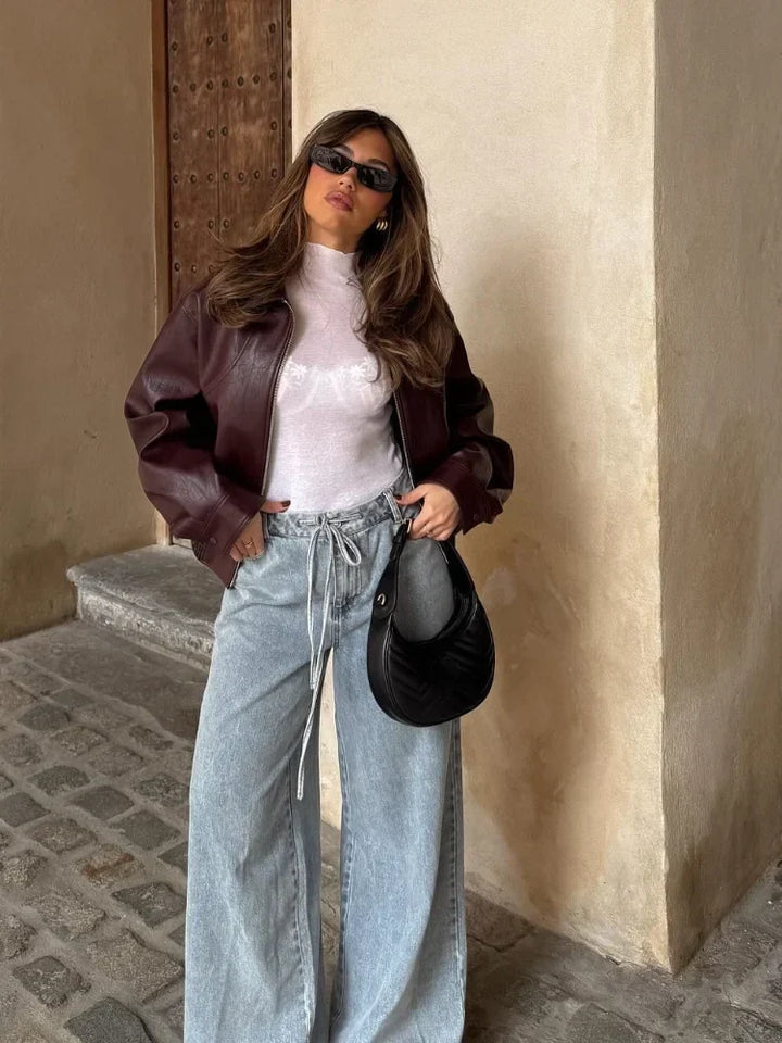 Womens Oversized Waist Length PU Leather Jacket