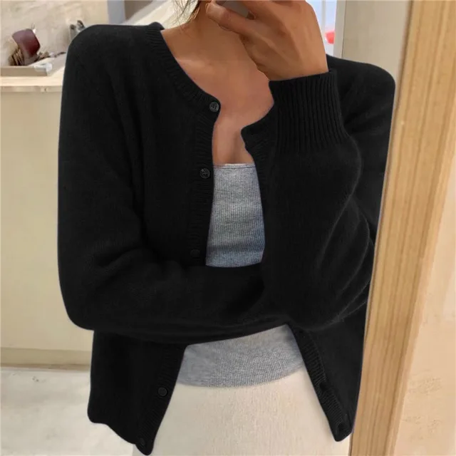 Women Soft Knit Cardigan Button Front Round Neck