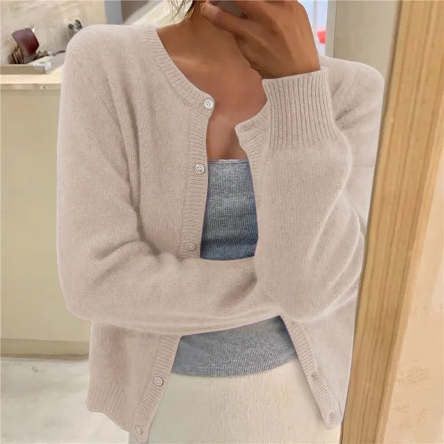 Women Soft Knit Cardigan Button Front Round Neck