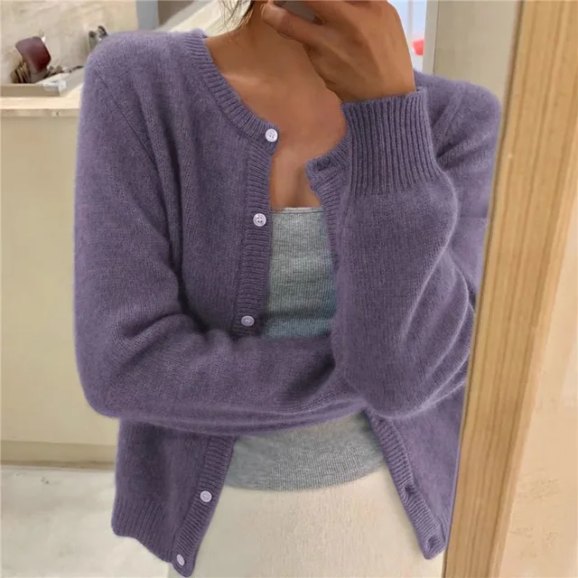 Women Soft Knit Cardigan Button Front Round Neck