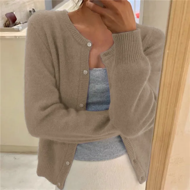 Women Soft Knit Cardigan Button Front Round Neck
