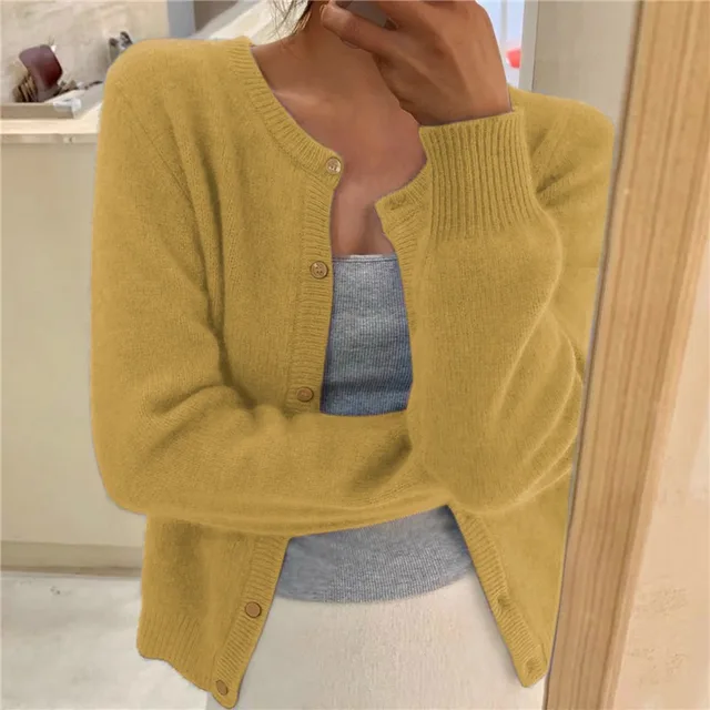 Women Soft Knit Cardigan Button Front Round Neck