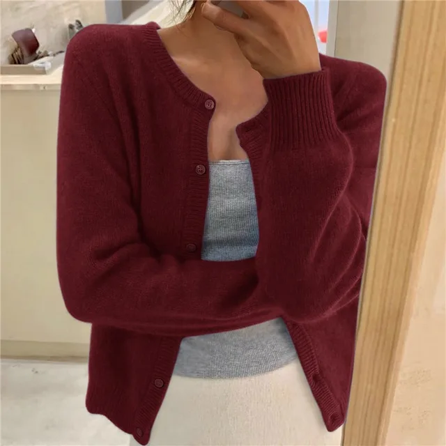 Women Soft Knit Cardigan Button Front Round Neck