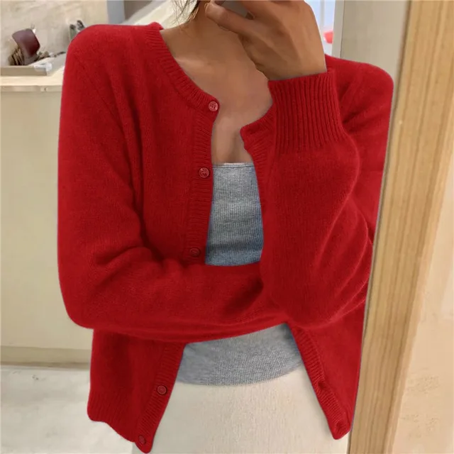 Women Soft Knit Cardigan Button Front Round Neck
