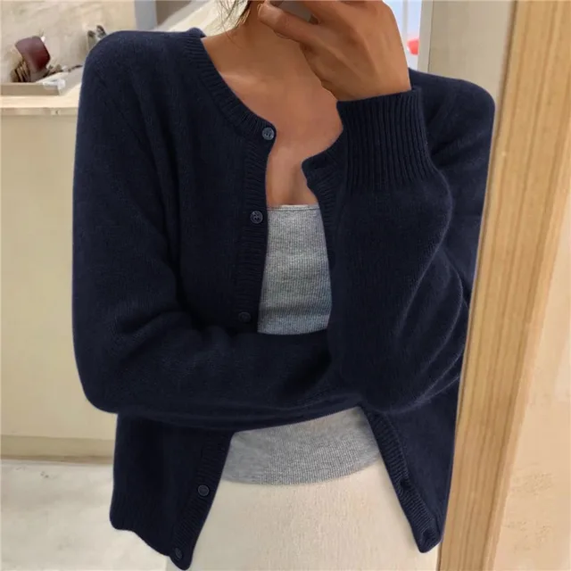 Women Soft Knit Cardigan Button Front Round Neck