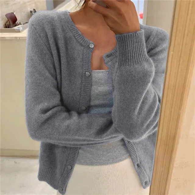Women Soft Knit Cardigan Button Front Round Neck