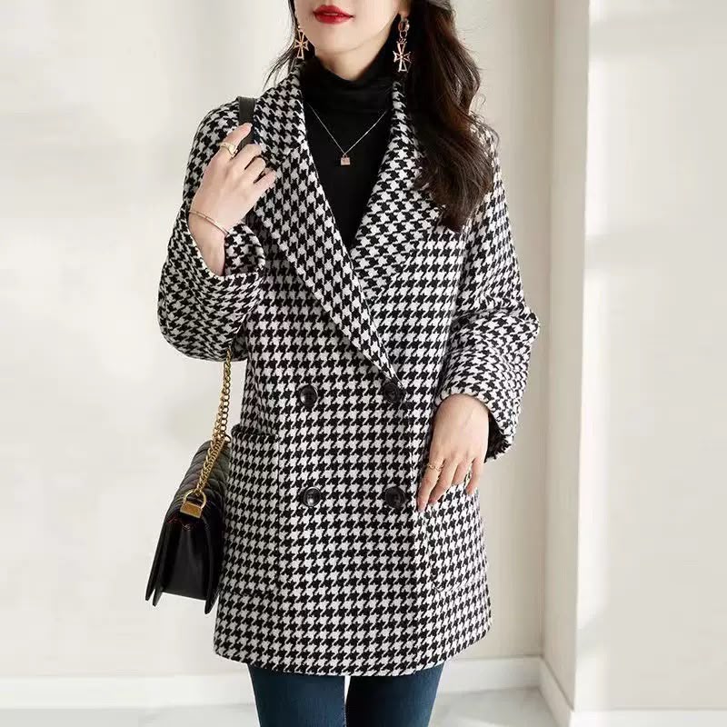 Womens Wool Effect Houndstooth Oversized Blazer Coat