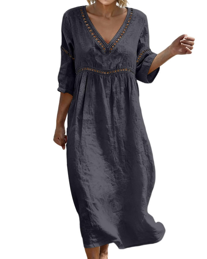Women Long Cotton Linen Dress V-Neck Boho Style